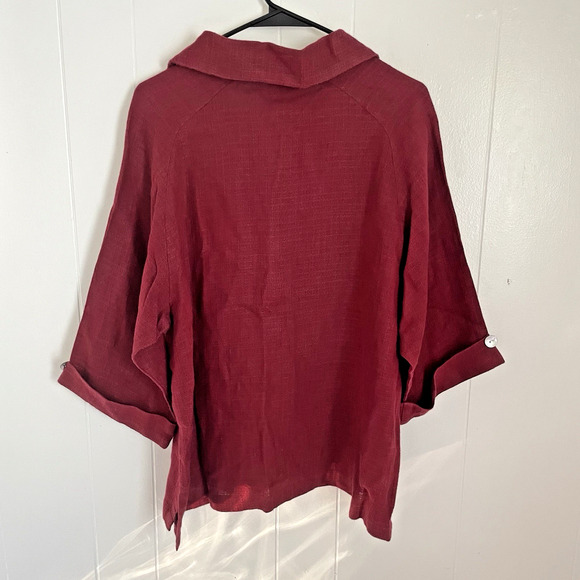 TooFan Womens 100% Linen Top Size M Button Down Red Boxy Lagenlook Relaxed Fit - Picture 2 of 9